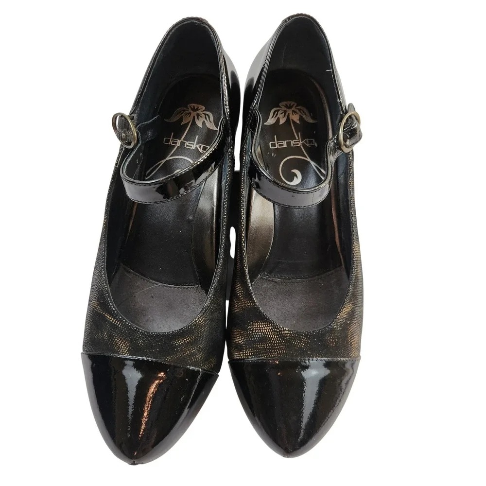 Dansko 38 Bonnie Mary Jane Heels Black Patent Leather Metallic Animal Print  7.5